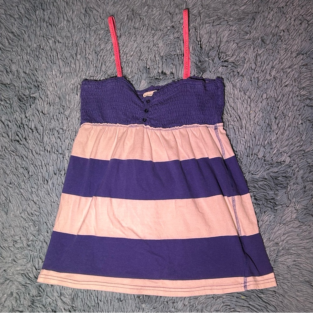 Poof Excellence Navy Blue and White Baby Doll Tank Top w/ Pink Straps Size Large